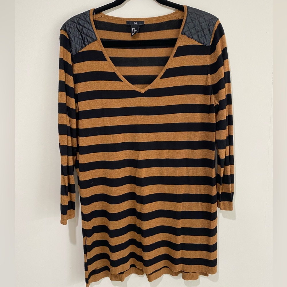 H&M Black and Brown Striped V-Neck Top, Size Medium